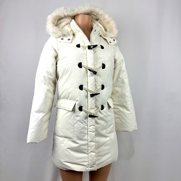 Bossini Outerwear Women’s S Ivory Down Puffer Long Fit Jacket Hood Real Fur Trim - Picture 1 of 13